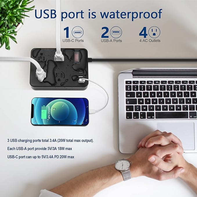 Outdoor Power Strip Weatherproof with USB C, Waterproof Surge Protector with 4 Outlets,Outdoor Electrical Outlet,Outdoor Multi Plug Outlet for Camping, Garden, Kitchen, Bathroom, 6ft Cord,Flat Plug