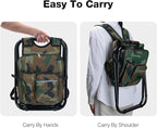 Heavy Duty 350lbs Backpack Cooler Chair for Adults, Folding Camp Stool with Cooler for Fishing, Camouflage