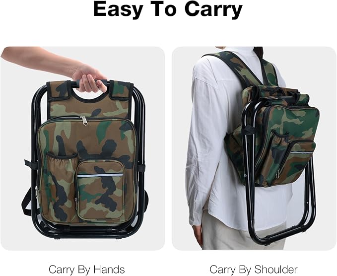 Heavy Duty 350lbs Backpack Cooler Chair for Adults, Folding Camp Stool with Cooler for Fishing, Camouflage