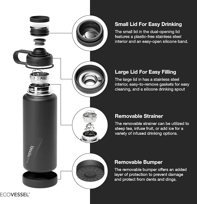 EcoVessel Stainless Steel Water Bottle with Insulated Dual Lid, Insulated Water Bottle with Strainer and Silicone Bottle Bumper, Coffee Mug – 32oz (Navy Nightfall)