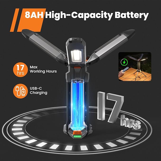 2025 Rechargeable Work Light with Stand, 4 in 1 Cordless Camping Light, 700/1200/2200 Lumens, 4000/6500K Dimmable LED Work Lamp with Detachable Tripod（Grey）
