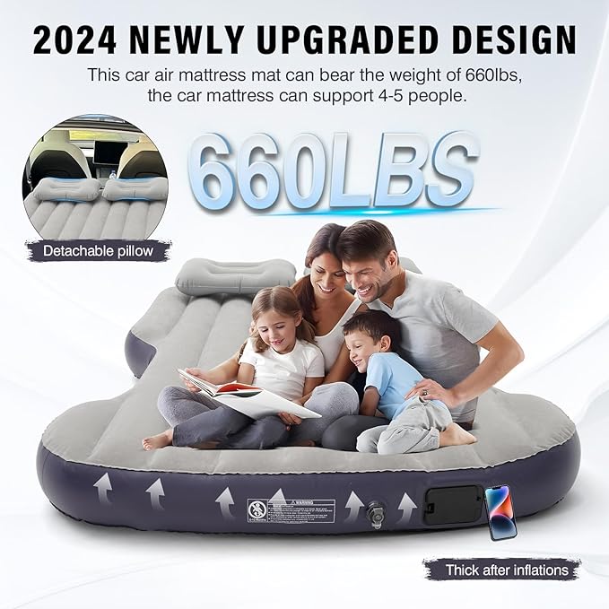 Self-Inflating Car Air Mattress for Tesla Model Y 2025 2024-2020/Model Y Juniper Outdoor Camping Air Bed with 2 Pillows Built-in Pump Air Couch Mat Flocking Air Cushion Model Y Accessories(Beige&Blue)