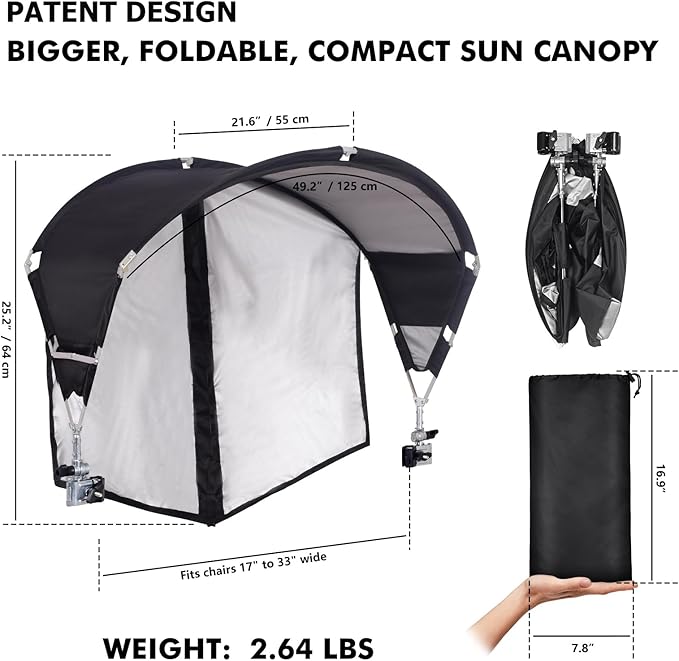 Universal Chair Umbrella Canopy, UPF 50+ Sun Shade with Adjustable Clamp, Fits Most Brands’ Beach, Camping, Lawn, Tanning, Zero Gravity, Lounge & Fishing Chairs, Patent Design