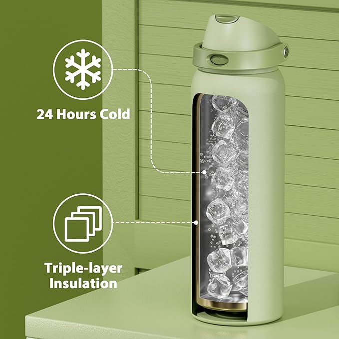 40 oz Insulated Water Bottle with Straw: Meoky Stainless Steel Metal Water Bottle with 2-in-1 Lid - Leak Proof, Cold for 24 Hours, Protective Silicone Base, BPA-Free for Sports Gym, Sage
