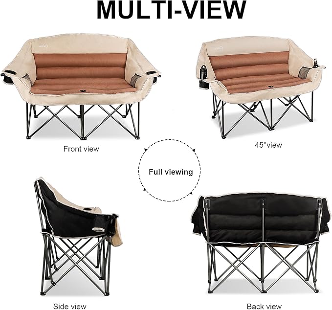 2 Person Fully Padded Camping Chair Oversized Loveseat Camping Chair Double Camping Chairs for Adults Heavy Duty Outdoor Camping Couch, Padded Seats & Armrests, 600Lbs, Moca
