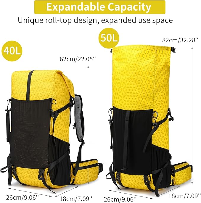Hiking Backpack,40L to 50L Extra Large Capacity Hiking Bag,Internal Frame Camping Backpack,Upgraded X-PAC Lightweight Sport Daypack Travel Backpack Fit For Mountain Climbing Camping(Yellow)
