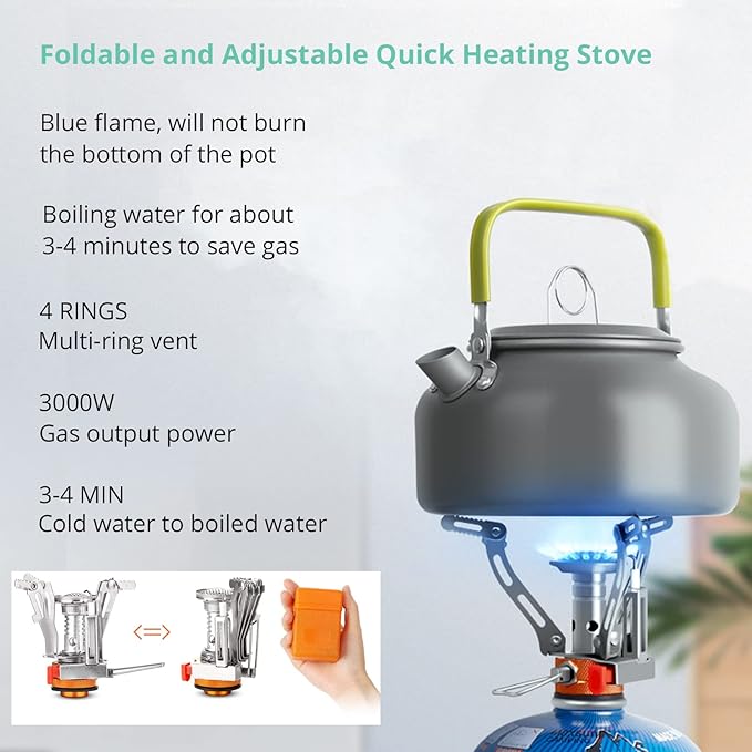 VinTeam 21pcs Camping Cookware Mess Kit with Folding Camping Stove, Lightweight Pot Pan Kettle Set with Stainless Steel Cups Plates Forks Knives Spoons for Camping Backpacking Outdoor Picnic