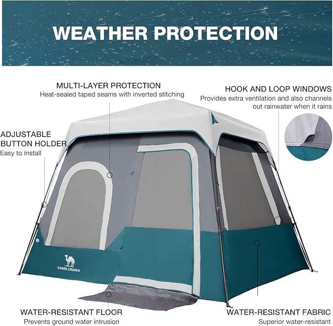 Camping Tents 4/6 Person Pop Up Instant Tent - Setup in 60s for Family Camping, Windproof Design, Family Cabin Tent with Rainfly & Backpack Carry Bag