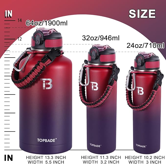32oz Insulated Water Bottle with Straw Lid & Spout Lid & Paracord Handle, Stainless Steel Water Bottle Wide Mouth, Double Wall for Women Men Gym Fitness Outdoor