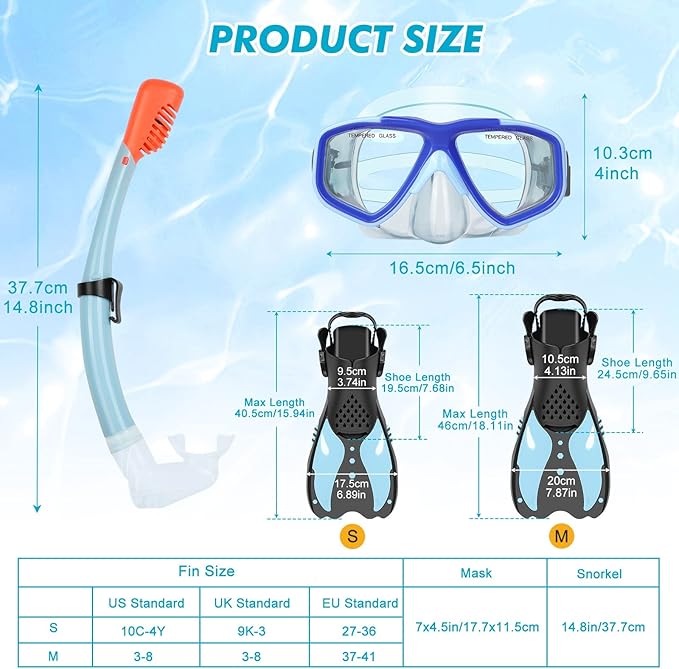 Youth Snorkel Set for Ages 7-16, Snorkeling Gear for Kids with Panoramic View Mask Anti-Fog Anti-Leak Full Dry Top Snorkel Fins Travel Bag for Swimming Diving