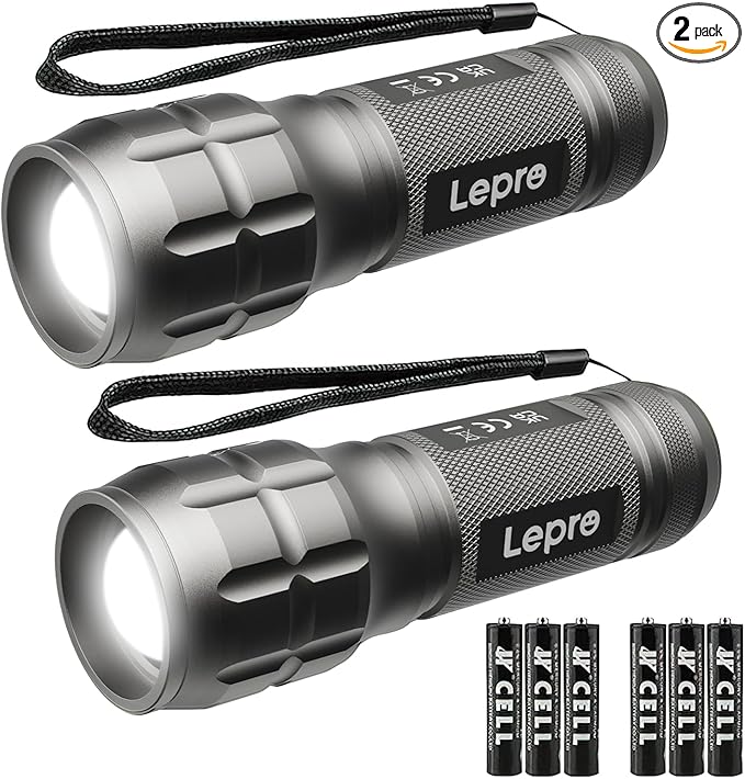 Lighting EVER LED Flashlights High Lumens, Small Flashlight, Waterproof, Adjustable Focus Flash Light for Outdoor, Emergency, Camping, AAA Batteries Included, 2 Pack