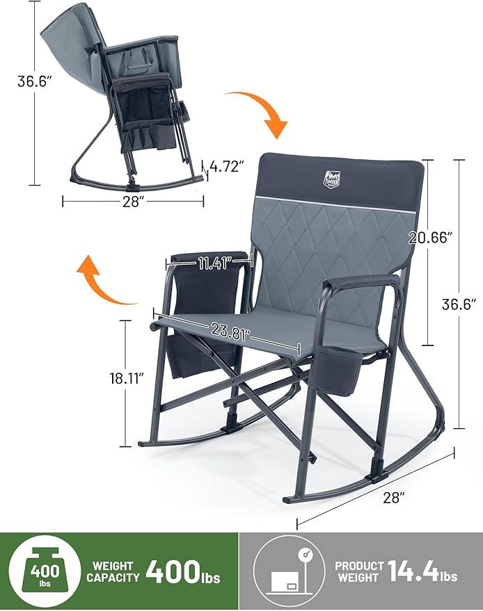 TIMBER RIDGE Folding Oversized Rocking Camping Chair, 400lbs Capacity Portable Outdoor Rocker with Hard Armrests, Cup Holder & Side Pocket, Quick-Fold Design for Outdoor, Patio, Lawn, Gray