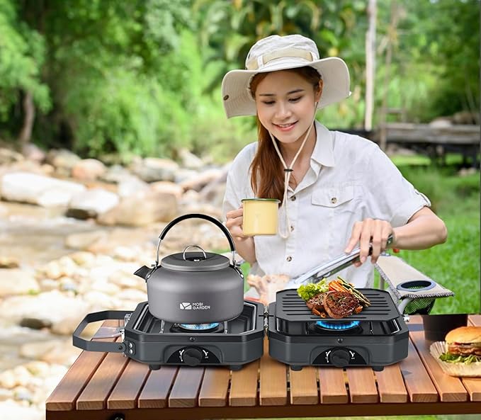 Nice C Camping Stove, Portable Camping Stove Propane, 2 Burner Propane Stove with Grill, Camp Stove, 16,000 BTU Camp Stove with 2 Burner, Grill & Carry Bag for Camping