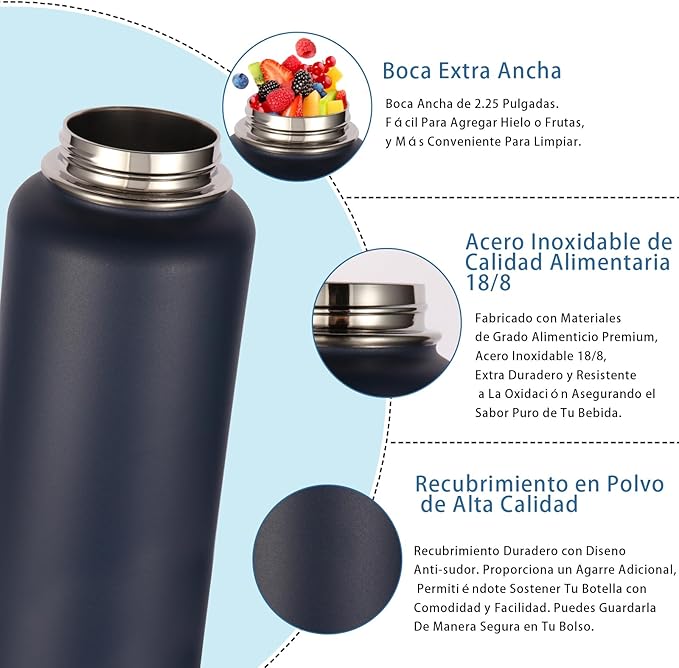 Volhoply Insulated Water Bottles Bulk 8 Pack, 40 oz Stainless Steel Sports Bottle with Paracord Handle & Spout Lid, Double Walled Travel Water Cups with Wide Mouth, Reusable Water jug(Navy,8 Set)