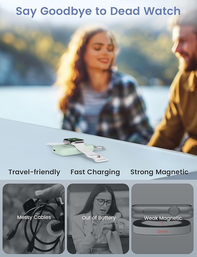 RORRY CharmGo Charger for Apple Watch Series 10, 2500mAh Fast Charging Portable Charger for iWatch, Travel Charger with Built-in USB C Cable for Apple Watch Ultra Series 9 8 7 6 3 Accessories, Green