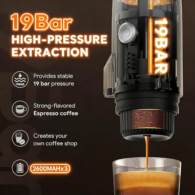 Portable Electric Espresso Machine Travel Coffee Maker for Camping 3 in 1 Self-Heating for Ground Coffee & DG NS Capsule Pods For Travel Camping and Hiking (Bright White)