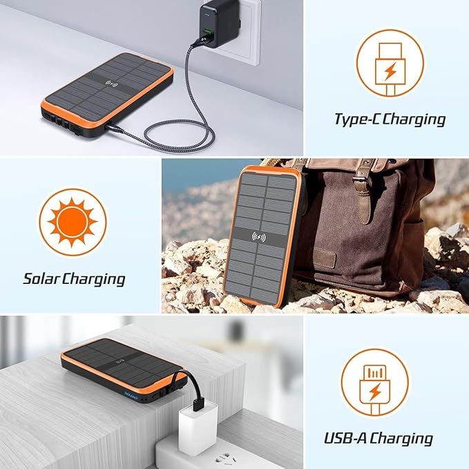 superallure Solar Charger Power Bank,Portable Charger,43800mAh Qc3.0 Fast Charger Qi 10W Wireless Charging Built-in 2 Kinds Output Cable and 680Lumen Bright flashlights