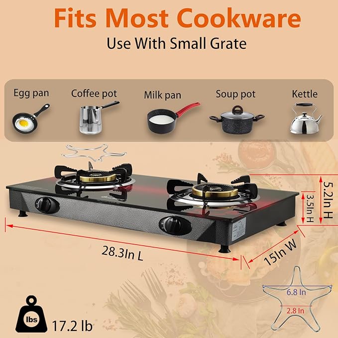 Propane Stove 2 Burner Gas Stove, 28800 BTU High-Efficiency Auto Ignition Tempered Glass LPG Cooktop with CSA Regulator and Hose – for Outdoor Camping, RV, and Emergency Cooking