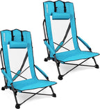 SPORT BEATS Low Beach Chairs Set of 2 Folding Beach Chairs High Back Support with Head Pillows Shoulder Straps
