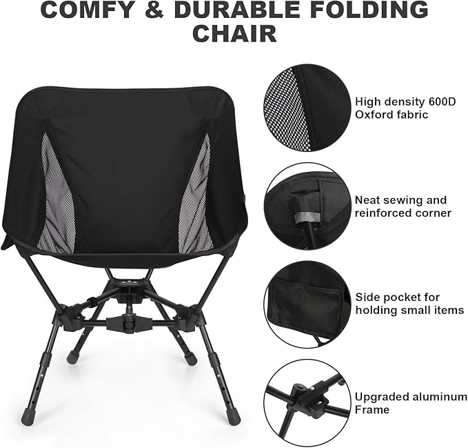MINGPINHUIUS Portable Folding Camping Chair: Lightweight Height Adjustable Camping Chairs Stable Supports 330 Lbs with Side Pockets for Outdoor Camp, Travel, Beach, Lawn (Black)
