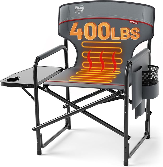 TIMBER RIDGE Heated Aluminum Oversized Camping Chair, Lightweight Portable Directors Chair with Side Table Detachable Side Pocket for Outdoor Camping, Lawn, Picnic, Support 400lbs Gray