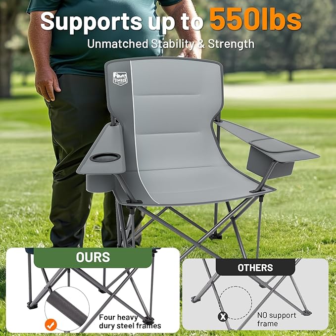 TIMBER RIDGE Oversized Folding Camping Chair for Adults, Support 550 LBS Heavy Duty with Cup Holder Side Pocket for Camping, Lawn, Picnic, Grey