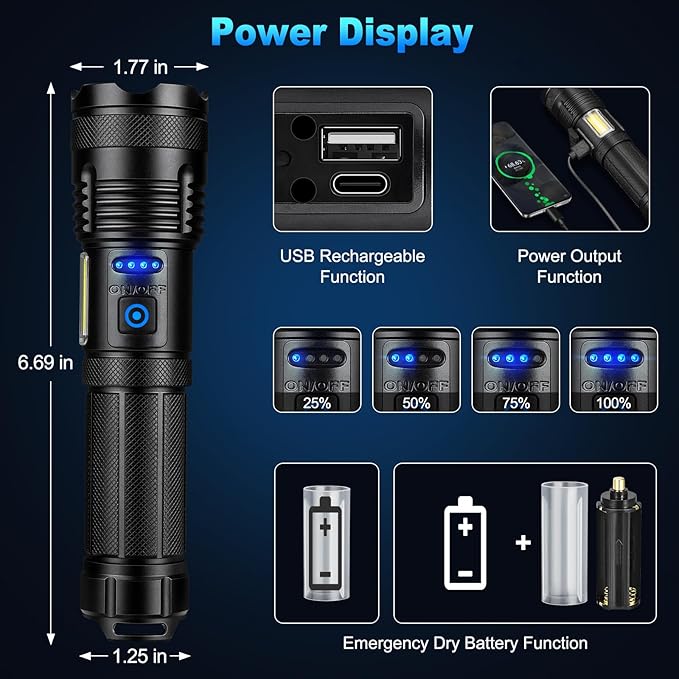 KINGCAESAR Flashlights 90,000 High Lumen - 2 Pack, Ultra Bright Rechargeable Flashlight with 7 Light Modes, LED Flash Light with High Power ΒATTERY, IPX7 Waterproof for Home Camping