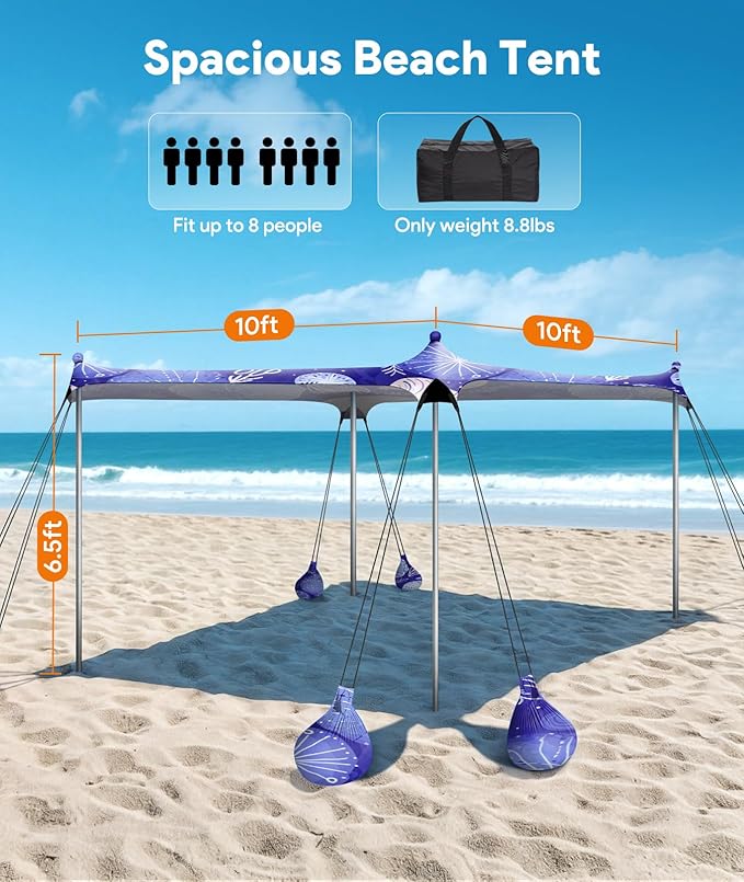 Beach Tent Sun Shelter, 10 x 10 FT Beach Canopy Tent Sun Shade, UPF50+ Tents Canopy with 8 Sandbags & 4 Stability Poles, Outdoor Tents for Camping Fishing, Jellyfish