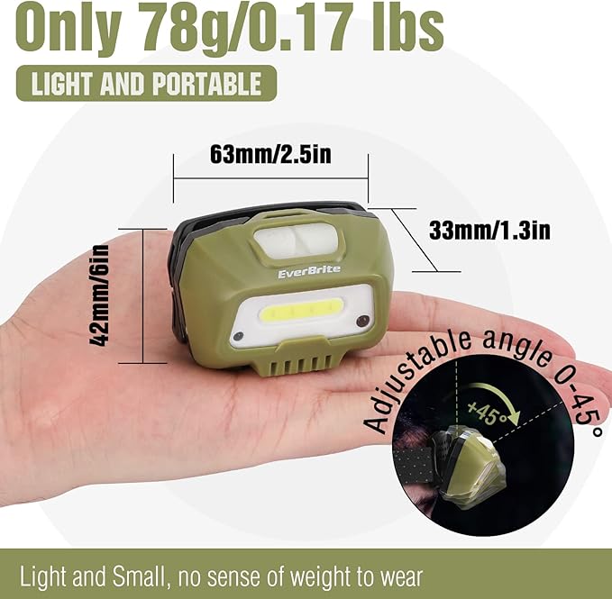 EverBrite Rechargeable Headlamp, LED Bright Motion Sensor Head Lamp Flashlight with 6 Modes, Adjustable Headlight for Adults with White Red Light, Water Resistant, Green, for Hiking, Running, Camping