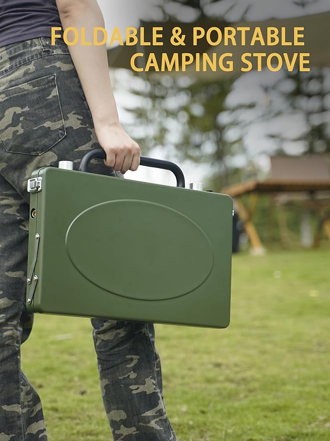 ONLYFIRE Portable Camping Stove 2-Burner, Propane Camp Stove with Foldable Legs, Camping Grill Stove with Adjustable Burners, Heavy-Duty Latch & Handle for Camping Tailgating RV BBQ, Green