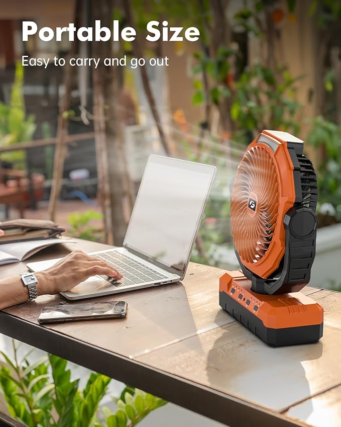 24000mAh Camping Fan - Detachable Rechargeable Battery Operated Fan with Light & Hook for Tent, Outdoor - USB Table Fan with 4 Speeds for Picnic, BBQ, Fishing, Travel, Hurricane