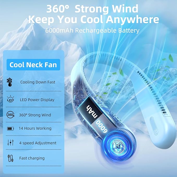 Portable Neck Fan,Hands Free Personal Wearable Bladeless Fan,6000mAh USB Rechargeable,360° Cooling,LED Display,4-Speeds,Birthday Gifts for Men Women Dad Mom,Outdoor Indoor Travel Camping (Light blue)