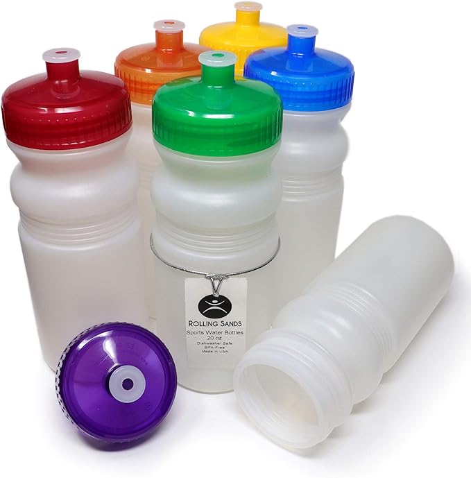 Rolling Sands USA Made 20 Ounce Sports Water Bottles - 6-Pack BPA-Free Blank Sports Bottles for Small Teams, Adults & Kids - Clear Frost Bottle/Rainbow Lid, No Smell No Taste