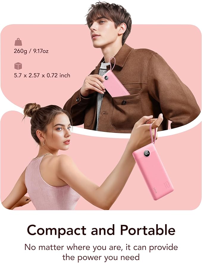 VRURC Portable Charger Power Bank, 10000mAh Travel Essentials Battery Pack, 5 Outputs 2 Inputs Slim Charging Bank Built-in Cables Cords Wires Compatible with iPhone,Samsung,Android-Barbie Pink(1 Pack)