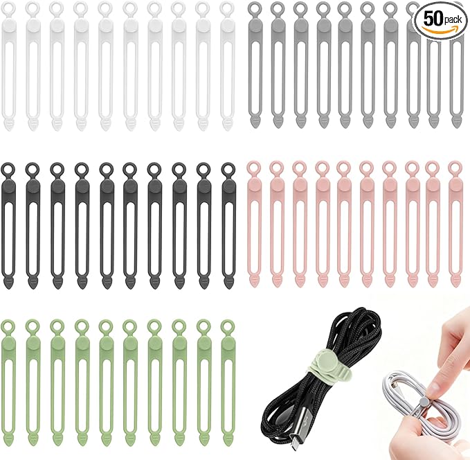 50 Pcs Silicone Cable Ties, Reusable Cable Straps Wire Organizer, Cable Management Cord Organizer for Fastening Earphone Phone Charger Home Office Desk Kitchen Appliances Cable Cords Wires