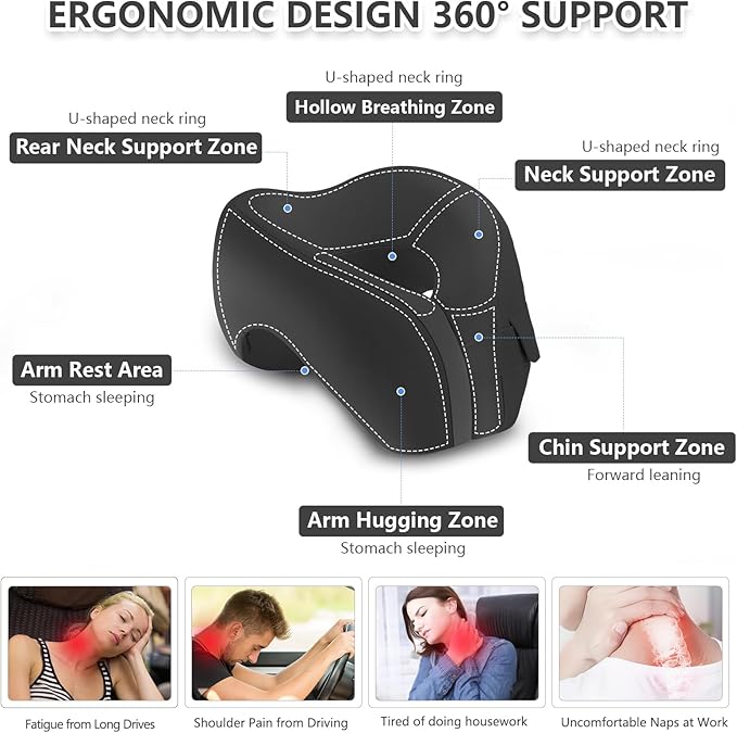 2in1 Ergonomic Memory Foam Travel Neck Pillow – 2025 Upgrade Travel Pillow for All Sleep Positions on Flights, Road Trips, and Long Distance Travel with Drawstring Bag (Adjustable - Black)