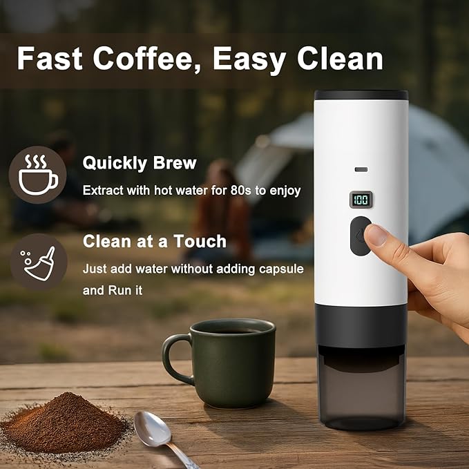 Portable Electric Espresso Machine, Travel Camping Coffee Makers, Car Self-Heating Coffee Maker with USB-C, Compatible with Ground Coffee & NS Capsules for RV/Office/Hiking