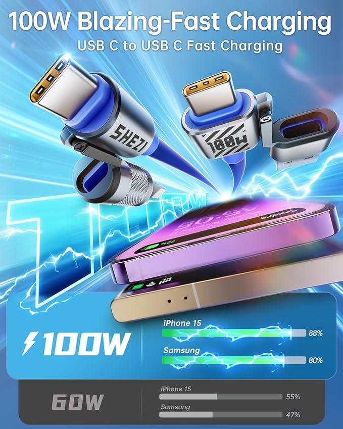 4 in 1 USB C Cable Lightning Cable,100W Fast Charging & Data Transfer,iPhone iPad Charger Cord with Lightning/Type C/USB A for iPhone 16/15/Macbook,IPad,5FT Blue [SHEZI Series]