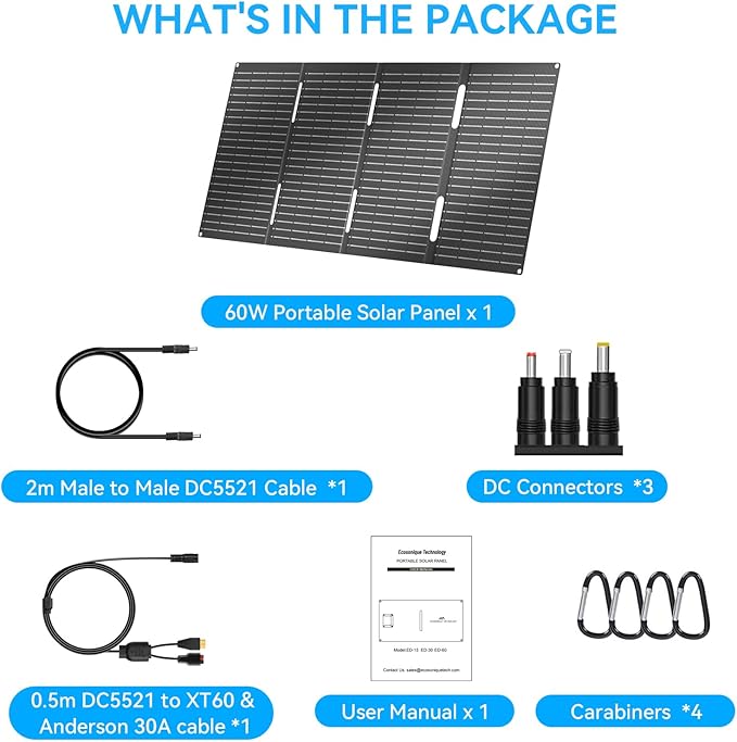 Ecosonique 60W Portable Foldable Solar Panels Charger Fast Charging with USB-C PD3.0 USB-A QC3.0 DC 18V Output ETFE Coating Waterproof for Camping Backpacking Power Station Cell Phones Power Banks