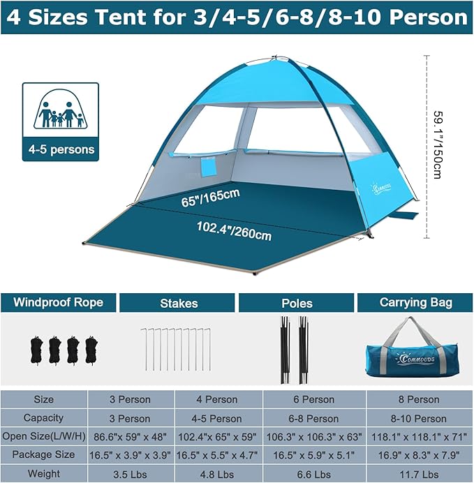 COMMOUDS Beach Tent Sun Shade for 3/4-5/6-7/8-10 Person, UPF 50+ Beach Sun Shelter Canopy Tent, Lightweight, Easy Set Up and Carry