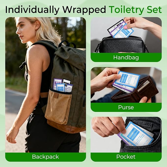 50 Sets 4-IN-1 Hotel Toiletries Bulk Set,200 Pcs 0.35 oz each Packets Shampoo,Conditioner, Body Wash and Lotion Mini Travel Size Toiletries Supplies kit for Guests,Homeless,Motel