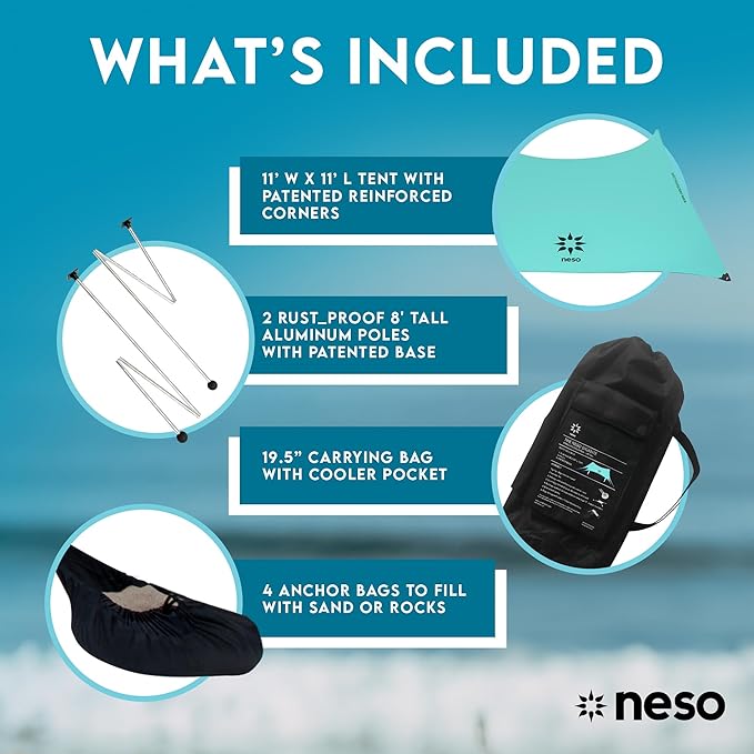 Neso Gigante - Portable Beach Tent - Ideal to Enjoy with Family and Friends - UPF 50+, Water-Resistant, and Lightweight - Seafoam, 11' x 11'
