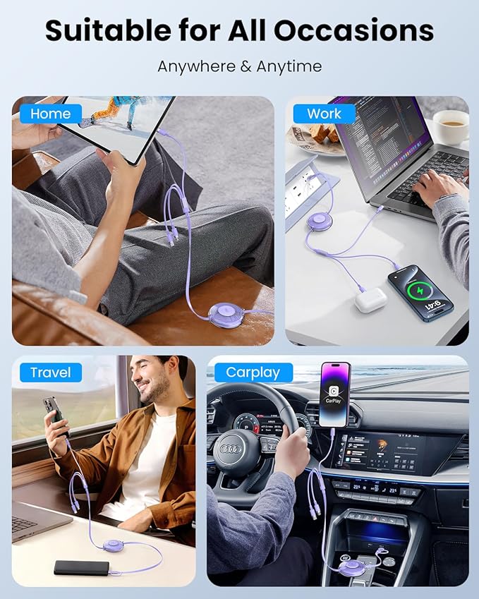 100W 6-in-1 Retractable Multi Charging Cable, USB C/Lightning/Micro Multi Charger Cord for iPhones, iPads, MacBook, Tablets, Galaxy, Note & More - 4Ft/1.2M 5A Fast Charging, Durable & Portable, Purple