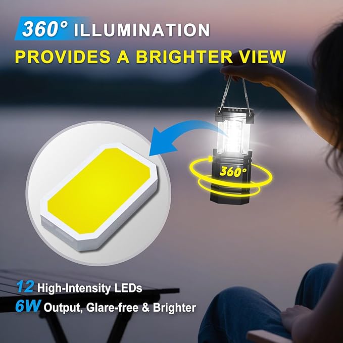 Camping Lantern Rechargeable, Solar & USB C Powered 2-in-1 Flashlight &Tent Light, Emergency Camping Light, Hanging Lanterns for Power Outages, Black 4 Pack