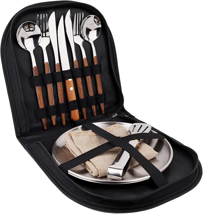 New Wood Grain Handle Tableware Mess Kit Cutlery for 2 Dinnerware Set - 12pcs Stainless Steel Utensils Set with Plate Spoon Fork Serrated Knife Cloth Napkins for 2,Backpacking, Outdoor Hiking Picnic