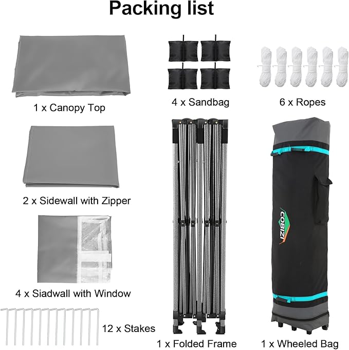 COBIZI 10x20 Pop up Canopy Tent 10x20 Canopy with 6 Sidewalls Waterproof Heavy Duty Commercial Tent for Parties Outdoor Garden Gazebo, Carry Bag with Wheel(10x20ft, Gray)