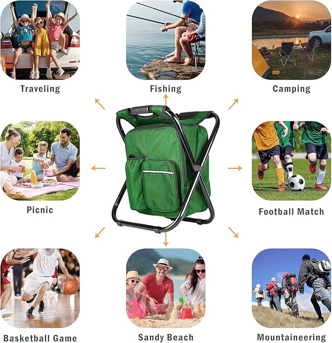 Kikerike Portable Stool Backpack Cooler Chair 400 LBS Max Load Folding Fishing Cooler Backpack Stool for Outdoors Hiking Beach Travel - Army Green