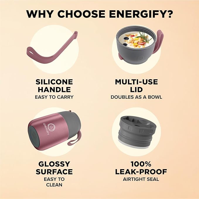 ENERGIFY Vacuum Insulated Food Jar. Large 17oz Bowl incl. Folding Spoon, Cup. Wide Mouth Keep Hot & Cold Drinks Soup Lunch Container for Adults. BPA-Free Stainless Steel, Leak Proof Rose Gold