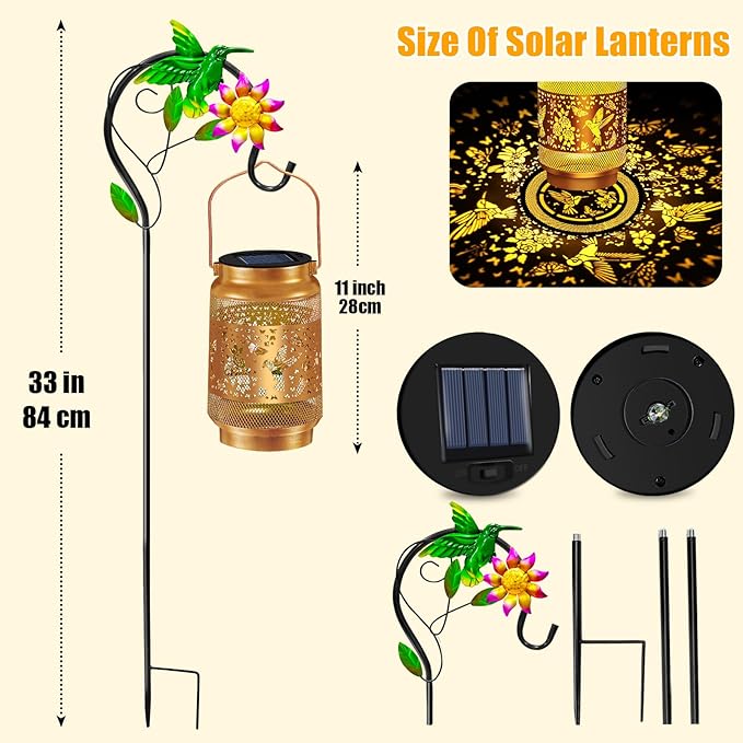Hummingbird Solar Lanterns Outdoor Waterproof, Hanging Solar Lights Garden Lanterns with Shepherd Hook, Metal Garden Decor for Yard, Patio, Lawn, Landscape, Gifts for Women Mom Mothers Day
