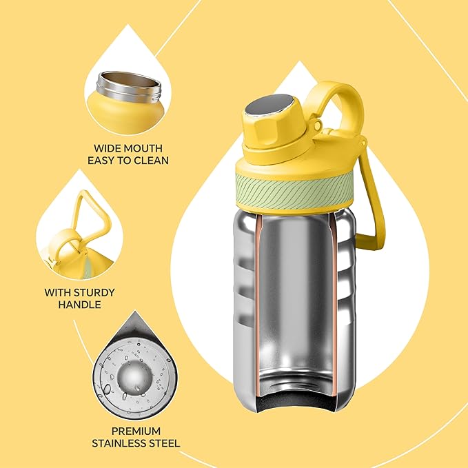 IDEUS Insulated Water Bottle 12oz, Stainless Steel Insulated Water Bottle For School, Insulated Bottles With Straws Leakproof, Vacuum Double Wall Water Bottles For Boys And Girls With 2 Lids, BPA Free